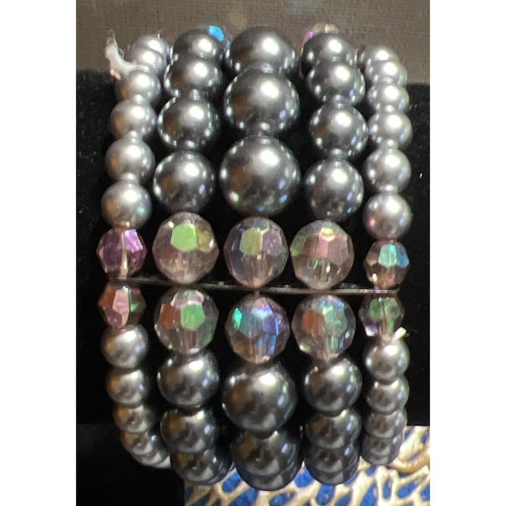 Grey & Black Pearl Stretch Bar Bracelet -- 8"